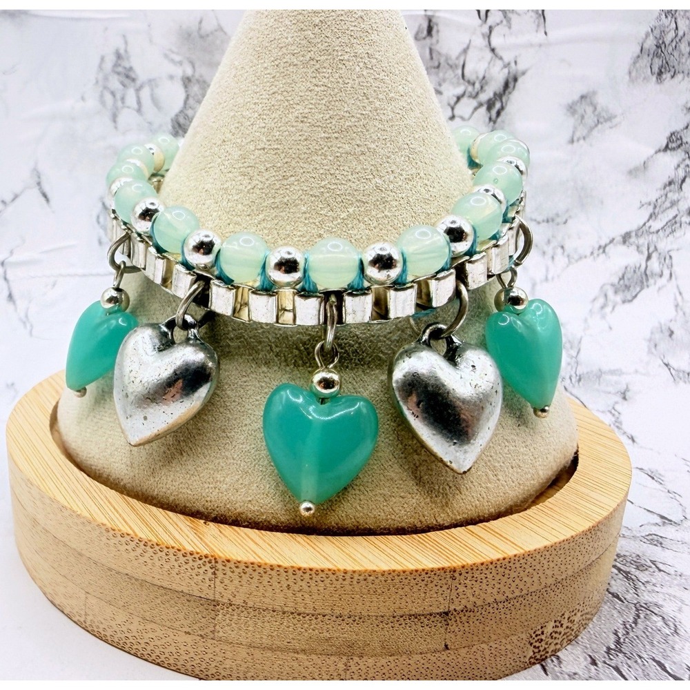 Aqua Glass Heart Dangle Bracelet Silver Tone Two Strand Adjustable 7.5–8.5